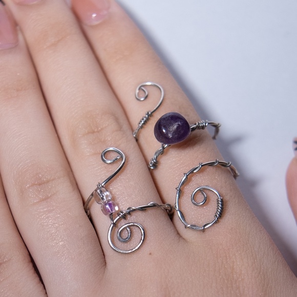 Silver Wire-Wrapped Rings with Amethyst and Beads: Adjustable Rings - Picture 2 of 3